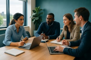 In a sleek modern conference room bathed in soft natural light streaming through large windows a diverse team of professionals collaborates intensely-2